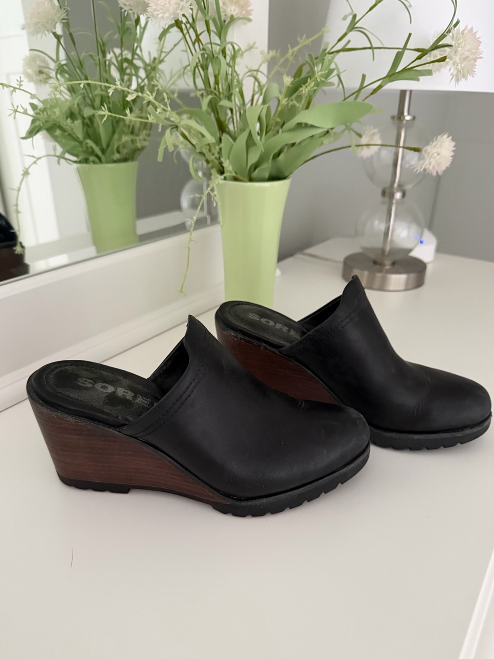 Sorel Black Leather Wedge Clogs with Wood-Look Heel
